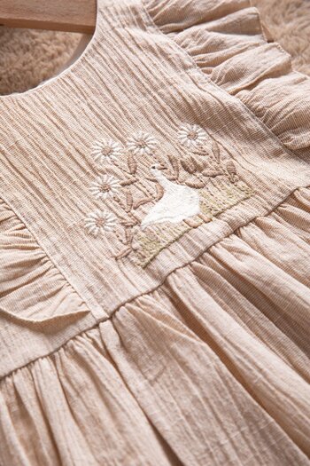 Cansın Mini Brown Flower Embroidery Ruffle Baby Girl Short Sleeve Dress 22673