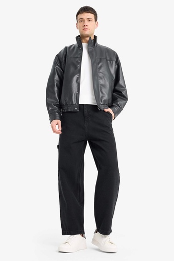 DeFacto D2427 Black Water Repellent Faux Leather Coat Jacket Oversize Wide Fit Stand Collar Zipper Snap Cap