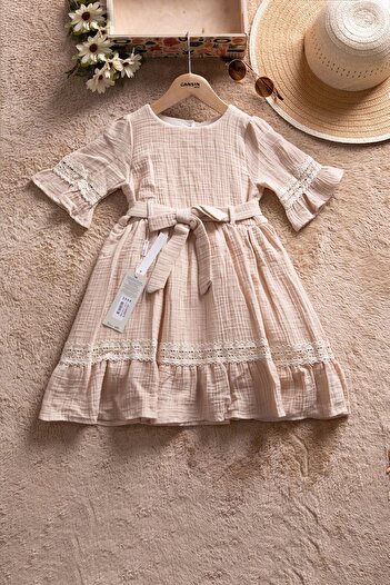 Cansın Mini Beige Sleeves Lace Detailed Belted Girls' Muslin Dress 22670