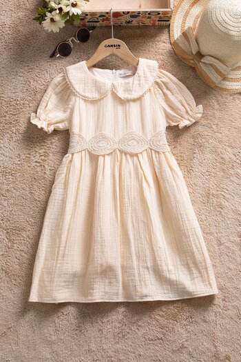 Cansın Mini Cream Lace Embroidered Belted Girls' Muslin Dress 22659
