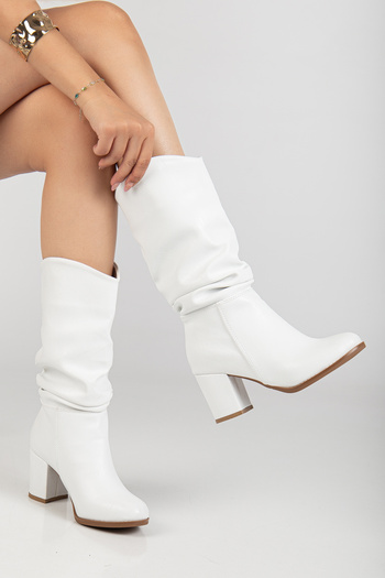MARSEDO Women's Thick Heel Round Toe Drawstring Below-Knee Boots Tina White Skin