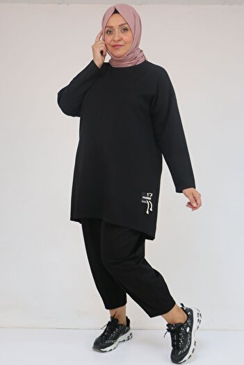 Eslina 47095 Plus Size Modal Pants Suit with Side Embroidery Detail - Black