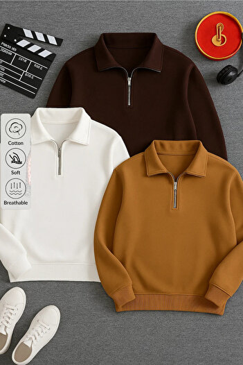 COMBİNE MİCHAİL Men's Half Zipper Oversize 3-Piece Sweatshirt
