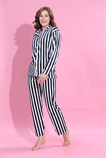 Elit Navy Blue Striped Buttoned Front Velvet Winter Women's Pajama Set Dowry Set Gift