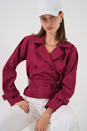 MODAMERSİ Women's Burgundy Belted Short Trench Coat