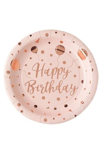 SHOPIENS Set 6 Bucati Farfurii Carton 18cm Roz Aurii Cu Model Baloane Din Folie Si Imprimeu Happy Birthday Pe