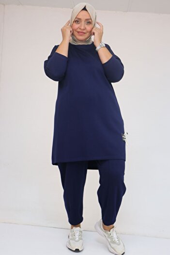 Eslina 47095 Plus Size Modal Pants Suit with Side Embroidery Detail - Indigo