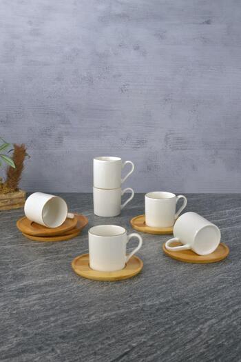 EWs 6-piece bamboo plate porcelain coffee cup set