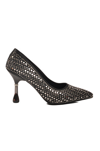 Pierre Cardin Black Stone Embroidered Thin Heeled Women's Evening Dress Shoes Pc-55020 Z