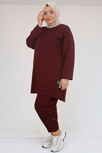 Eslina 47095 Plus Size Modal Trouser Suit with Side Embroidery Detail - Burgundy