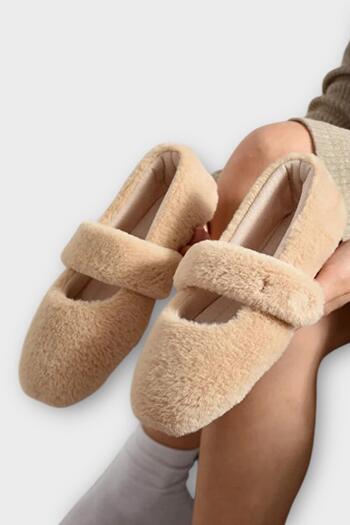 Liger Furry Single Belt Velcro Slippers Women's Home Slippers Beige