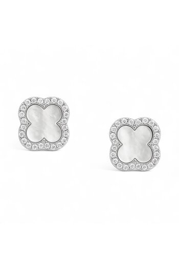 neslyaccessories Vip Series Zircon and Stone Clover Earrings Silver