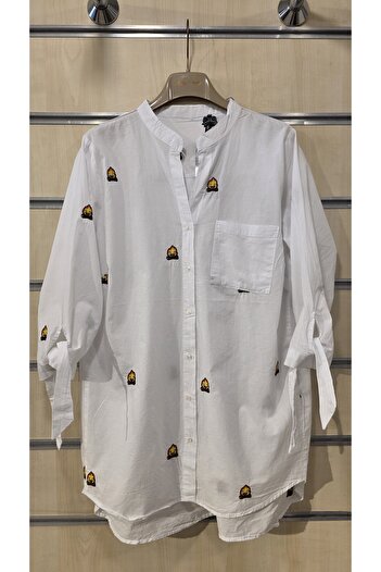 trendbysena Embroidered Women's Shirt with One Pocket and Tie-Up Sleeves