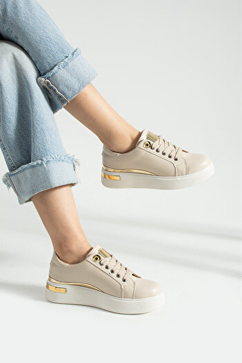 BOUIS Women's Beige Lace-Up Casual Comfortable Sole Comfortable Orthopedic Stylish Walking Daily Sneaker Sports Shoes