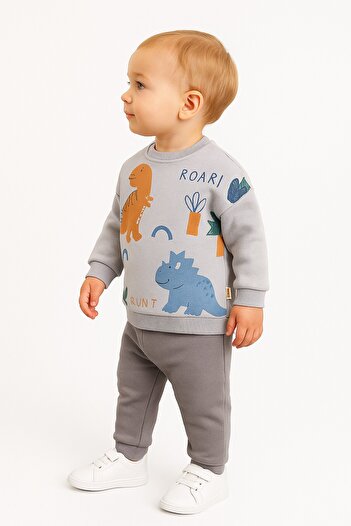 dinamik çocuk Baby Boy 3-Piece Ribbed Dino Printed Jurassic Park Winter 2-Piece Tracksuit Set 100% Cotton 6-24 Months