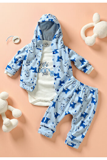 Tuabella 100% Cotton 3-Piece Baby Boy Set (Snap Fastener Bodysuit + Cardigan + Bottoms)