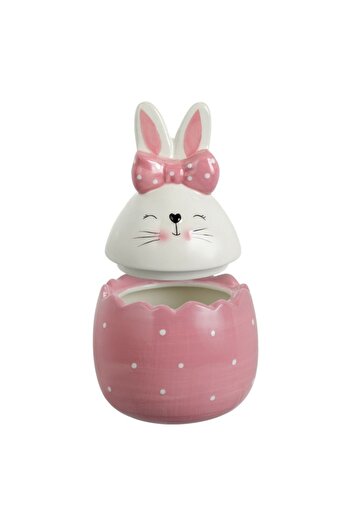 SHOPIENS Decorative ceramic cookie jar Shopiens®, pink egg shape with white polka dots, white bunny lid, and