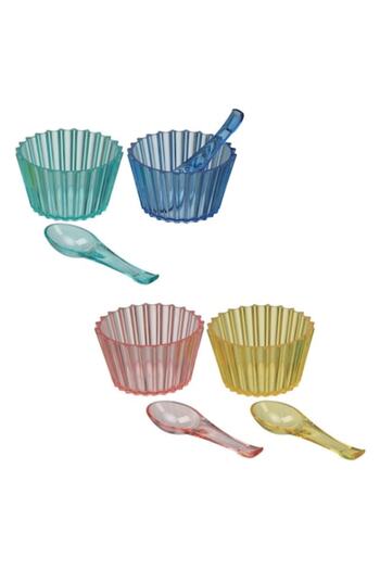 SHOPIENS Set 4 round bowls made of plastic Shopiens® with spoons, reusable, multicolor, 190 ml