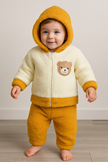 Bubito Bear Embroidered Winter Plush Welsoft 2-Piece Hooded Set-Mustard