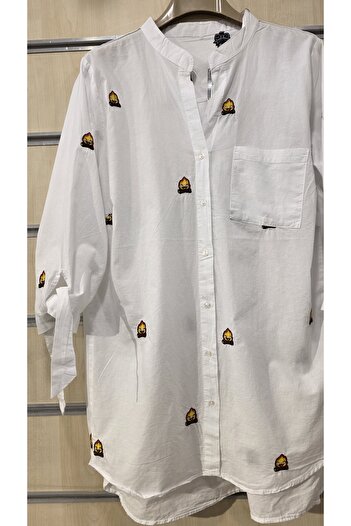 trendbysena Embroidered Women's Shirt with One Pocket and Tie-Up Sleeves