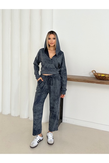 MODAMERSİ Women's Anthracite Hooded Blouse Pants Bottom Top Set