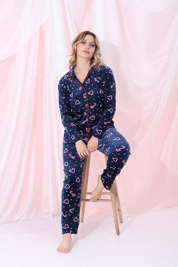 Elit Christmas Candy Navy Blue Buttoned Front Velvet Winter Women's Pajama Set Dowry Set Gift