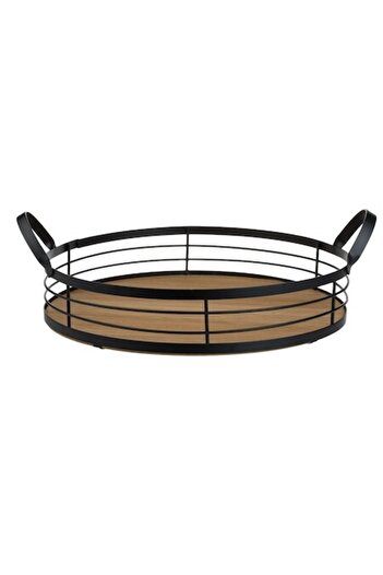 SHOPIENS Tava de servire Shopiens®, rotunda din lemn de culoare bej-maro cu manere metalice negre, 30 x 6 cm