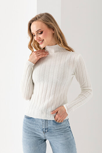 Wega Moda Pulover pentru femei cu guler înalt – Pulover de iarnă cu dungi |   100% lână - Pulover cu textura moale
