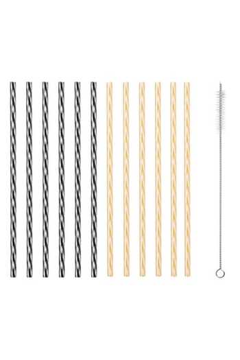 SHOPIENS Set 12 reusable plastic straws Shopiens, black and gold with cleaning brush, 6 x 250 mm