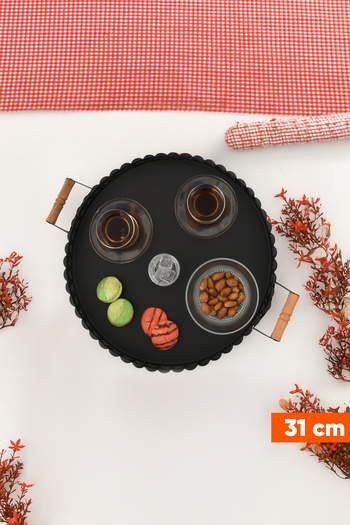 AKSESUAR EVRENİ Milano 31 cm Black Presentation Metal Serving Tray Set Breakfast Wooden Handle Treat Tray
