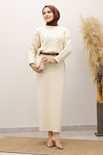 Tesettür Dünyası Knitted Patterned Sweater Tsd250222 Beige
