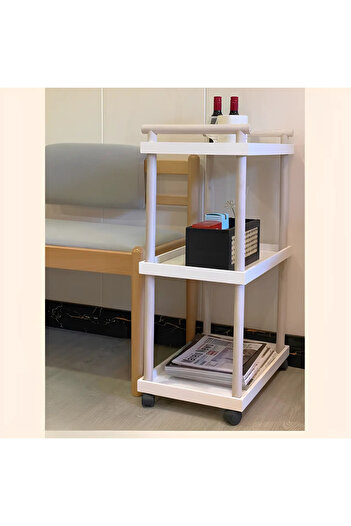 Herum Portable stand with 3 shelves, handles, wooden, Herum, White/Beige, 48 x 30 x 77 cm