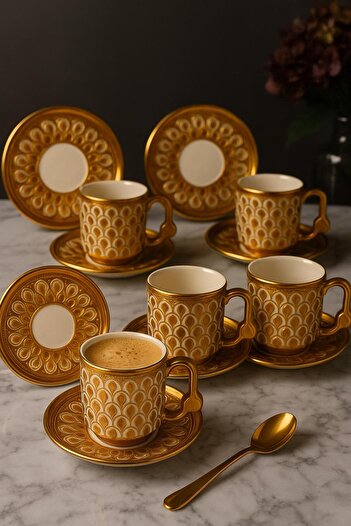 EWs Gold Patterned 6-Piece Porcelain Coffee Cup Set 50 ml