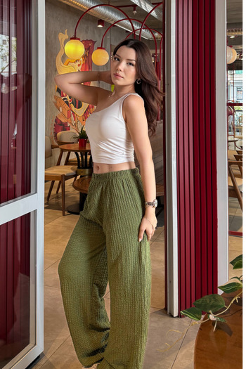 Bipantolon Women's Khaki High Waist Lycra Flowy Relax Bubble Pants