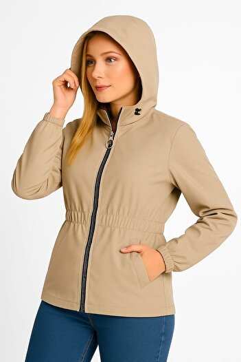 enmodaiçgiyim Beige Waterproof Women's Trench Coat |   Lined Hooded Drawstring Detailed Raincoat Jacket – Two Pockets of Elegance