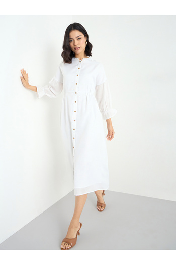 Styli White Buttoned Midi Dress with 3/4 Sleeves