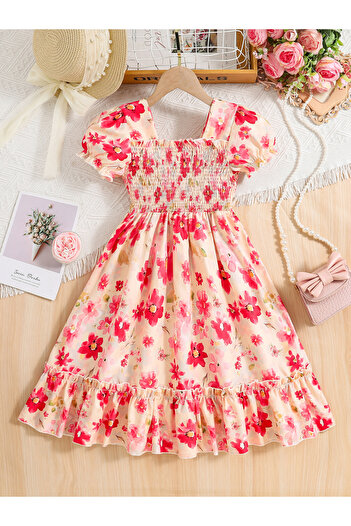 Take Two By Styli Girls Peach Floral Print Puff Sleeve Dress