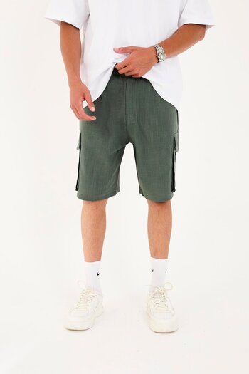 Rocqerx R-4428 Zipper Detailed Elastic Linen Shorts