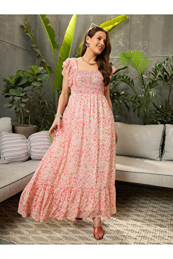 Sassafras By Styli Peach Ditsy Print Square Neck Maxi Dress