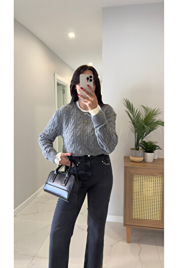 BİRCANÇİL Yonsa Gray Cream Knitted Sweater