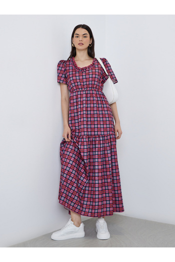 Take Two By Styli Checked Print A-Line Maxi Dress