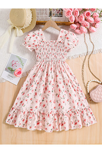 Take Two By Styli Girls Pink Floral Print Puff Sleeve Dress