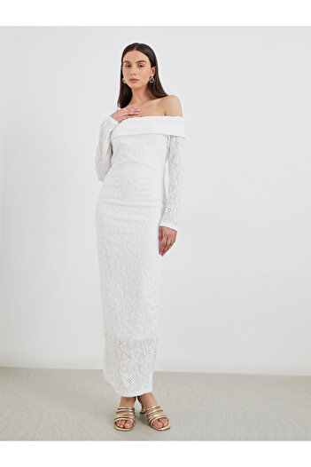 Take Two By Styli Schiffli Off Shoulder Bodycon Maxi Dress