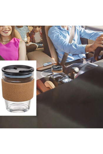 PUFO glass travel mug with thermal cork protection for coffee or tea, 300 ml, transparent