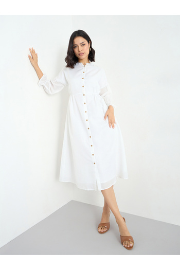 Styli White Buttoned Midi Dress with 3/4 Sleeves