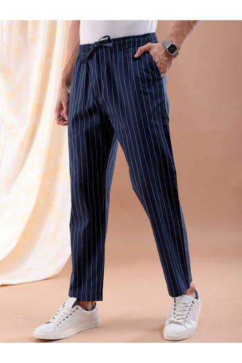 The Indian Garage Co By Styli Men Navy Blue Regular Fit Striped Trousers