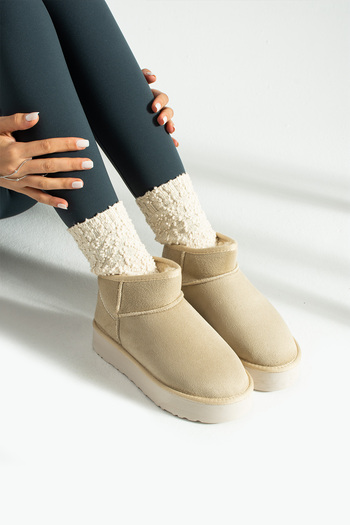 BOUIS Women's Beige Suede Fur Lined Casual Boots Thick Sole Ankle Short Warm Bootie Comfortable Stylish Shoes