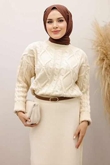 Tesettür Dünyası Knitted Patterned Sweater Tsd250222 Beige