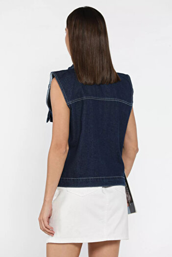 julude Navy Blue Women's Front Buttoned Jean Denim Vest