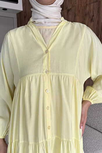 julude Yellow Front Buttoned Flowy Seasonal Hijab Dress